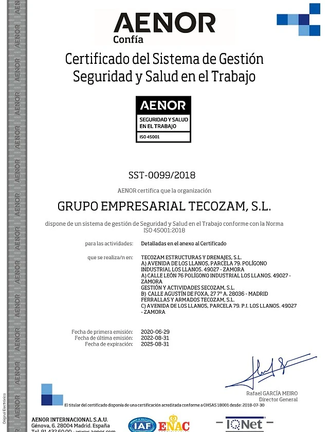 ISO 45001 - SST-0099/2018 - GRUPO EMPRESARIAL TECOZAM S.L.